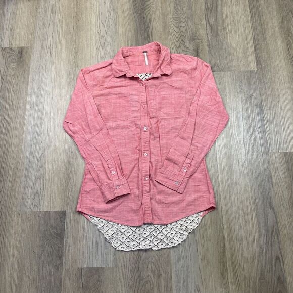 Free People Shirt Womens Small Pink Button Down Lace Back Boho Casual Top Blouse - Picture 1 of 10